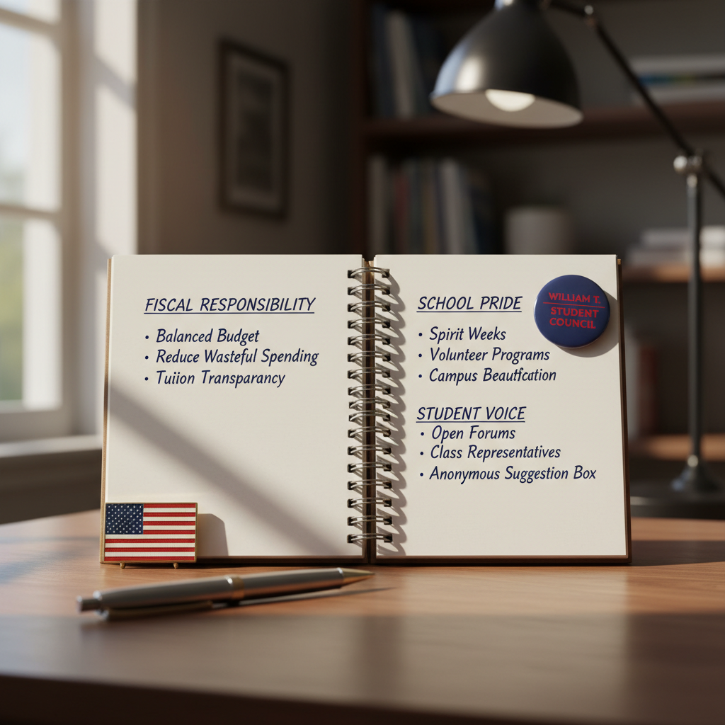 A close-up of a classic spiral-bound notebook open on a tidy wooden desk, filled with neatly written policy ideas under headings like “Fiscal Responsibility,” “School Pride,” and “Student Voice.” A small American flag lapel pin and a silver ballpoint pen rest beside the notebook, while a navy-and-red campaign button for “William T. Barker – Student Council” lies near the top edge. Soft afternoon window light streams in from the left, creating warm highlights on the metal pen clip and subtle shadows from the spiral binding. The background fades into gentle bokeh, suggesting a studious, orderly workspace. Photographic realism, eye-level framing, and a calm, focused atmosphere reflect a serious, principled conservative candidate.