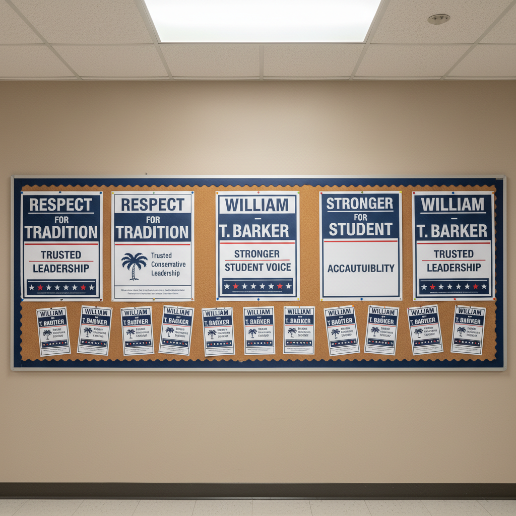 A neatly arranged bulletin board in a bright school corridor, covered with strategically placed campaign materials for “William T. Barker – Trusted Conservative Leadership.” The board features cleanly designed posters in navy, white, and red, with clear, bold slogans like “Respect for Tradition,” “Stronger Student Voice,” and “Accountability.” Small icons of the palmetto tree and American stars subtly decorate the layouts. Natural overhead daylight mixes with fluorescent hallway lighting, producing an even, neutral illumination with minimal shadows. The scene is captured in photographic realism from a straight-on perspective, with sharp focus across the entire surface. The mood is professional, organized, and persuasive, perfect for highlighting campaign messaging without any human subjects.