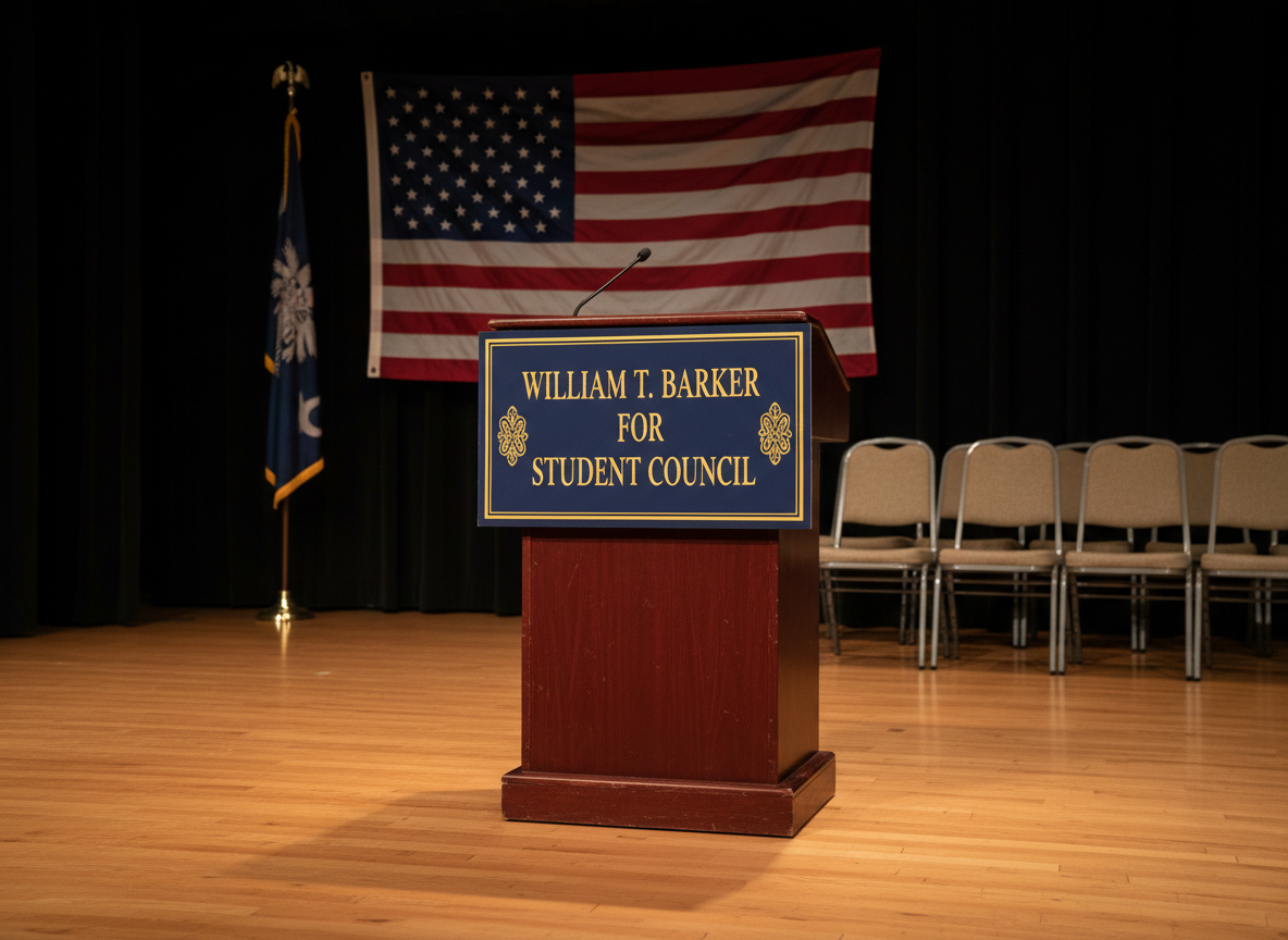 A polished wooden podium adorned with a crisp navy and gold campaign sign reading “William T. Barker for Student Council,” standing on a gleaming high school auditorium stage. Behind the podium, a large, neatly hung American flag and a smaller South Carolina state flag form a dignified backdrop, with a few rows of empty metal folding chairs visible in soft blur. Warm overhead stage lights cast a focused beam on the podium, creating gentle shadows on the hardwood floor and highlighting the rich textures of the wood and fabric. Photographic realism, eye-level composition, and a moderate depth of field give the scene a professional, serious, and optimistic atmosphere suited to a conservative student council campaign.