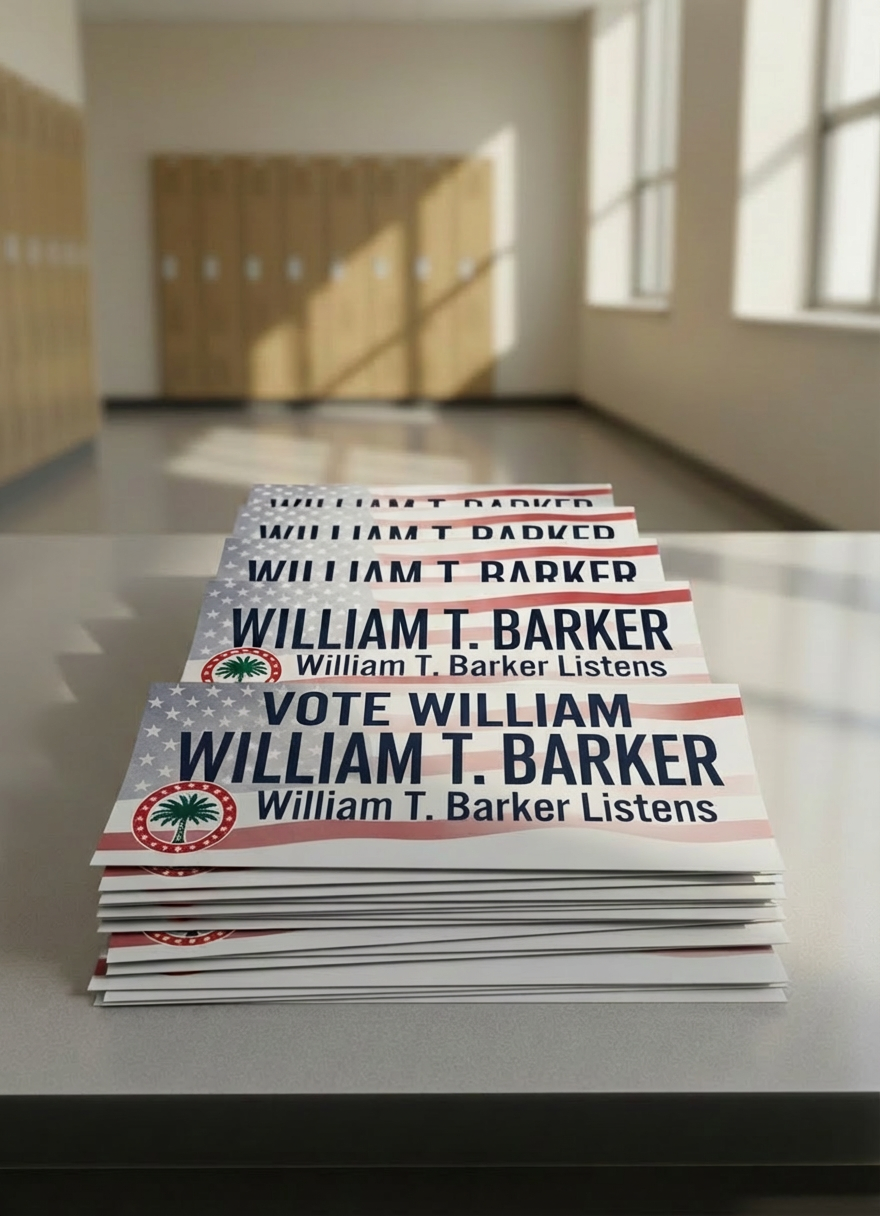 A stack of neatly arranged campaign flyers on a clean, light gray table in a bright school hallway, each flyer featuring bold navy and red typography, a subtle American flag motif, and the words “William T. Barker – A Conservative Voice for Boiling Springs.” A simple, patriotic logo with a stylized palmetto tree and crescent moon nods to South Carolina. Sunlight from nearby windows washes across the surface, creating soft reflections on the glossy paper and long, gentle shadows toward the background of blurred lockers. Captured from a slightly elevated angle in photographic realism, the composition uses shallow depth of field to emphasize the flyers, conveying a professional, organized, and hopeful campaign mood.